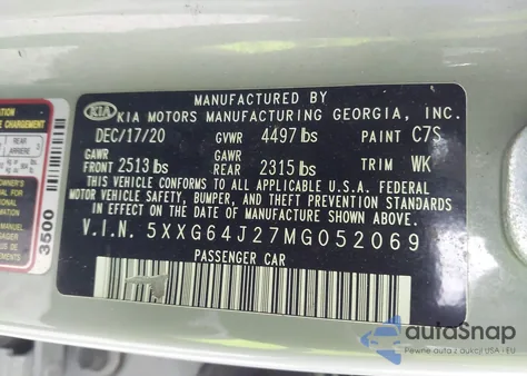 2021 Kia K5 Gt-Line z USA, uszkodzony, nr VIN 5XXG64J27MG052069